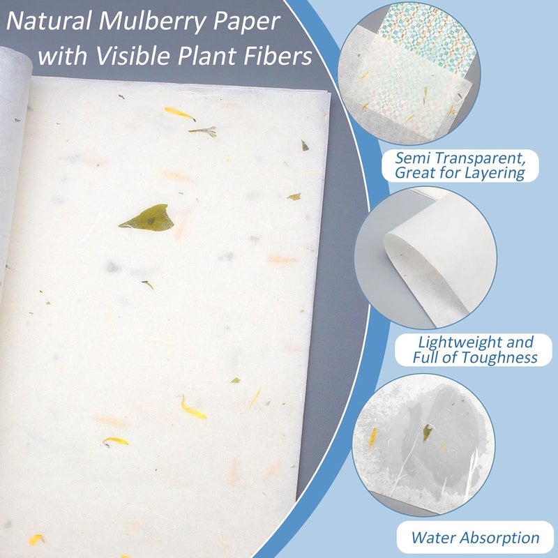 Benvo 50 Sheets A4 Natural Mulberry Paper Visible Leaves Fiber Rice Paper Printable Decoupage Tissue Paper Sheets for Writing, Painting, Card Making, DIY Crafts(8.3x11.7in, Semi Transparent Off White) - Image 3